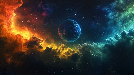 Celestial Symphony A Planet Emerges from Vibrant Nebulae