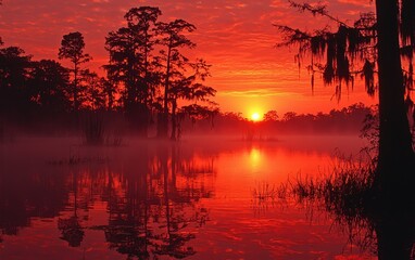 Obraz premium A vibrant red-orange sunrise reflecting on a calm lake, surrounded by tall trees and soft fog