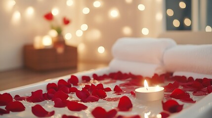 Romantic Spa Setting with Rose Petals, Candles, and Soft Lighting for Relaxation and Bliss
