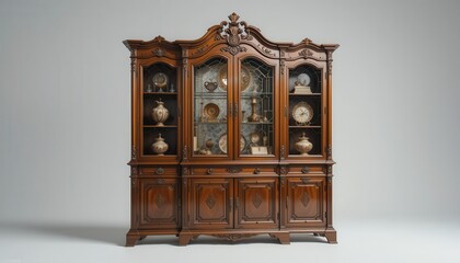 Antique wooden cabinet displaying porcelain studio furniture neutral front view home decor