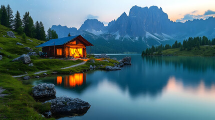 Fototapeta premium Illuminated Mountain Cabin By Alpine Lake At Dusk