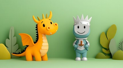 Naklejka premium A playful dragon and a knight figure stand together against a soft green background, surrounded by stylized foliage.