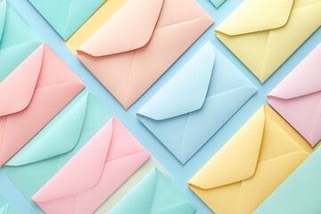 Pastel Colored Envelopes Arranged in a Geometric Pattern on a Blue Background A Collection of Soft Hues and Clean Lines
