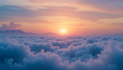 Sunset over clouds with glowing sun and soft sky colors