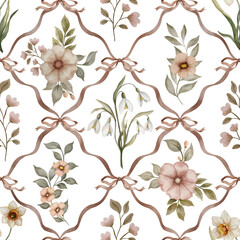 Watercolor seamless pattern with a ribbon grid and spring flowers in a vintage style, created in trendy 2025 colors. Elegant and nostalgic design, perfect for textiles, packaging, wallpapers