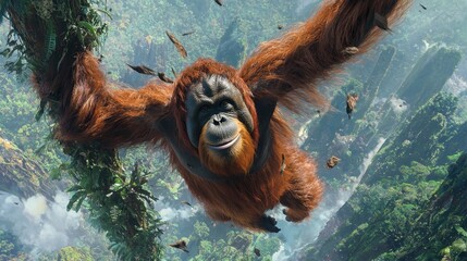 Obraz premium A wild orangutan swinging from tree to tree in the rainforest, with its fur flowing in the air