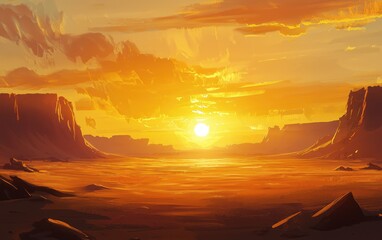 Fototapeta premium A warm, glowing sunset over a desert, with the sky filled with rich golden hues and long shadows on the sand dunes