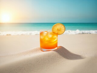 Refreshing Malibu Cocktail on a Tropical Beach at Sunset