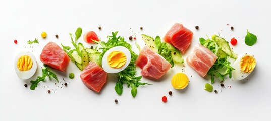 Naklejka premium Colorful Fresh Ingredients for Culinary Creations Featuring Tuna, Egg and Green Vegetables on a White Background Ideal for Food Photography