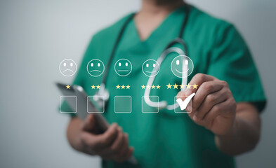 Doctor giving a five-star rating, symbolizing trust and quality healthcare. Medical service review and satisfaction assessment