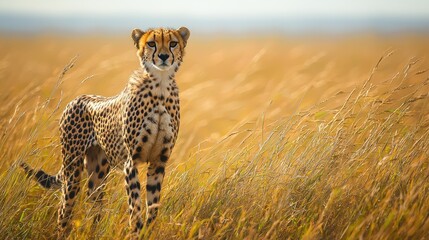 A young cheetah standing proudly in the savanna, with the golden grass swaying gently in the breeze