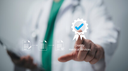 Medical quality certification concept with doctor approving healthcare service. Trusted and reliable hospital standards