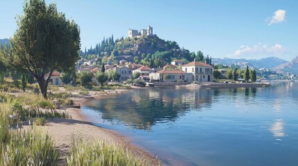 Obraz premium Coastal village, tranquil morning, hillside castle, calm lake reflection