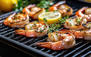 Grilled shrimp with lemon and herbs on a barbecue background