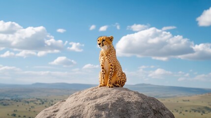 Cheetah Sitting on Rock with Scenic Blue Sky and Clouds Background