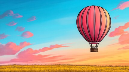Fototapeta premium A vibrant hot air balloon floats in a colorful sky over golden fields, creating a serene and picturesque landscape.