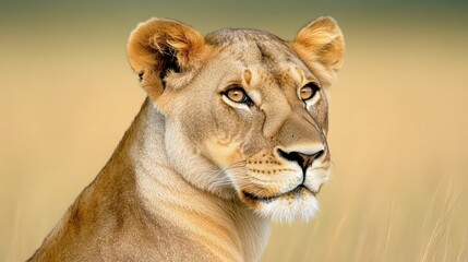 Majestic Lioness Gazing Intently in Golden Grasslands of Africa