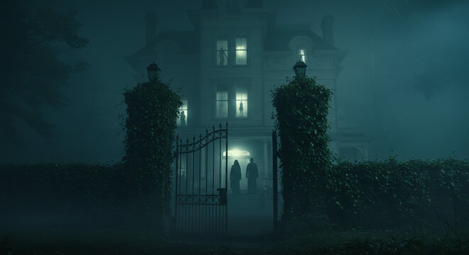Eerie Haunted Victorian Mansion with Glowing Windows & Shadowy Figures