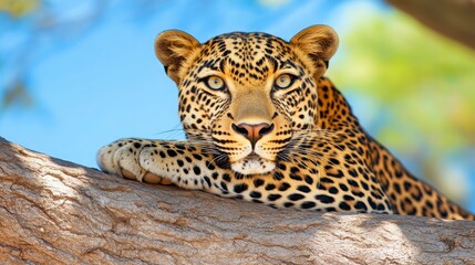 Naklejka premium Majestic Leopard Resting on Tree Branch in Lush Green Environment