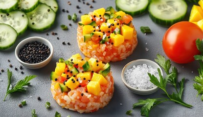 Colorful sushi rice cakes topped with fresh mango, cucumber slices, and herbs on a textured surface, showcasing vibrant ingredients and culinary creativity