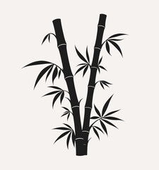 Black Bamboo Stalks with Leaves Silhouette on White