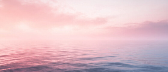 Obraz premium Soft pink morning mist over calm ocean with gentle waves, peaceful seascape reflecting warm light, dreamy and tranquil nature scene for relaxation and serenity