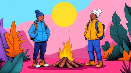 Obraz premium Two figures in colorful winter attire gather around a campfire against a vibrant, stylized background with plants and a bright sun.