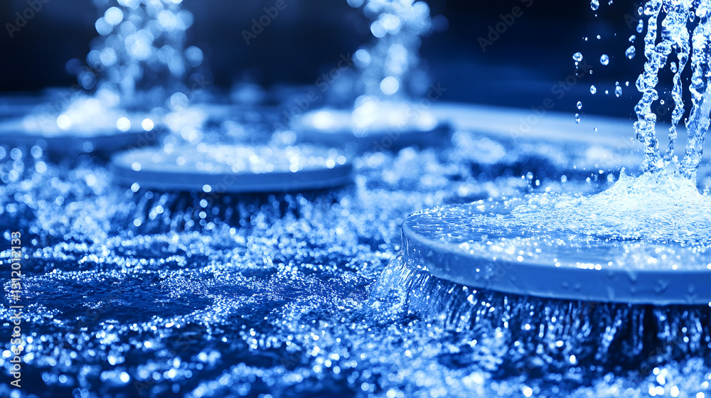Poster a close-up view of bubbling water features, showcasing splashes and reflections in a serene blue atm