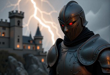 Fototapeta premium Dark knight with glowing eyes during lightning storm by castle for fantasy book covers, game art, and gothic blogs. Menacing armored warrior perfect for dark tales and epic sagas.