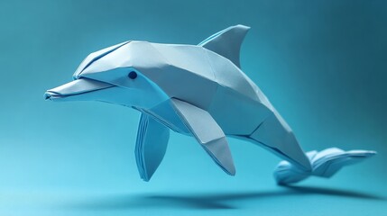 Obraz premium 3D origami dolphin, sleek and smooth folds, ocean blue background 