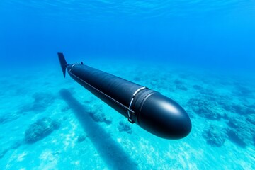 A sleek underwater drone gliding through clear blue ocean waters