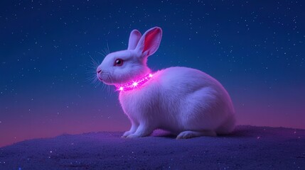 White rabbit with pink LED collar under starry night sky.