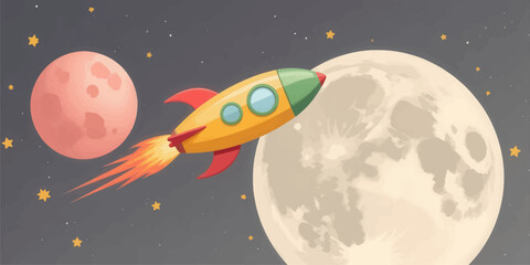 Cartoon rocketship flying past moon and red planet