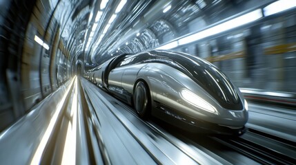 Fototapeta premium A sleek, futuristic high-speed train races through a brightly lit tunnel, showcasing advanced transportation technology
