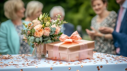 Elegant wedding reception with floral arrangement and gift box at outdoor celebration venue