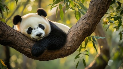 Obraz premium A serene panda rests, head nestled on a branch, eyes softly closed, exuding tranquility in an intimate close-up