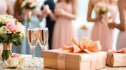 Elegant Celebration with Champagne Glasses and Gift Box at a Wedding or Party Event Setup