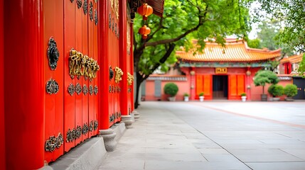 Vibrant Red Doors in Eastern Temple Setting Surrounded by Lush Greenery and Traditional Architecture