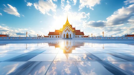 Stunning Sunset Reflection Over Majestic Temple with Golden Roof and Dramatic Cloudscape