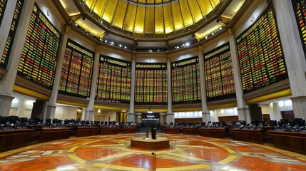 Obraz premium Grand Interior of a Stock Exchange Trading Floor with Illuminated Stock Tickers
