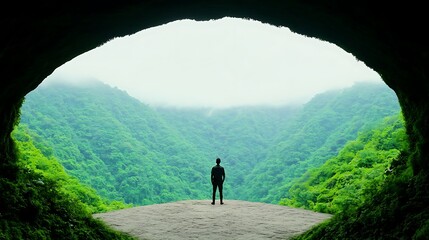 Man Standing at Cliff Overlooking Foggy Green Valley Surrounded by Lush Mountains and Nature