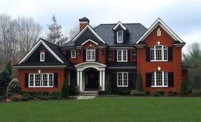 Obraz premium Grand Red Brick Mansion with Black Accents