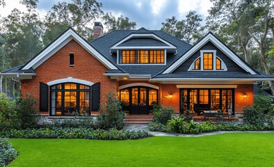 Luxury Brick Home at Dusk