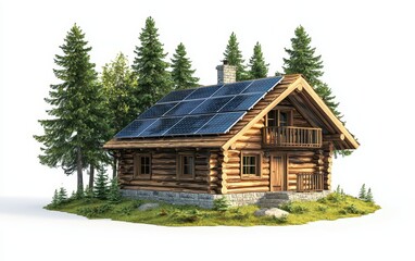 Fototapeta premium Single cozy log cabin with solar panels in a dense pine forest, isolated on a white background