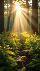 Ethereal Sun Rays Piercing Through a Dense Forest Canopy, Perfect for Wellness Articles and Nature Campaigns