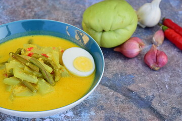Sayur Lodeh/ Sayur Labu Siam Kacang Panjang. Chayote and yard long bean cooked with coconut milk, served with boiled egg and sambal. Indonesian food