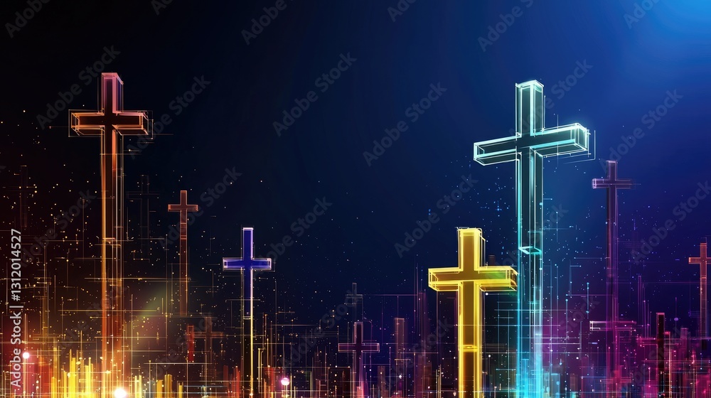 Wall mural a deep blue background with dynamic cross symbols and square outlines floating
