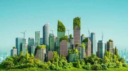 Obraz premium Sustainable city with green buildings and wind turbines
