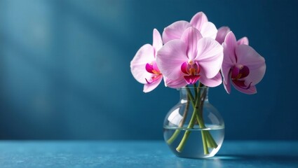 Obraz premium A delicate bouquet of pink orchids, elegantly arranged in a clear glass vase, rests on a smooth surface against a serene blue backdrop