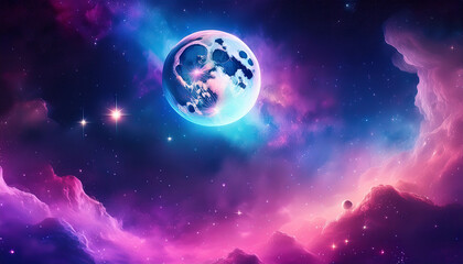 Obraz premium Beautiful fantasy world background with pink fluffy clouds, shimmering stars and the moon